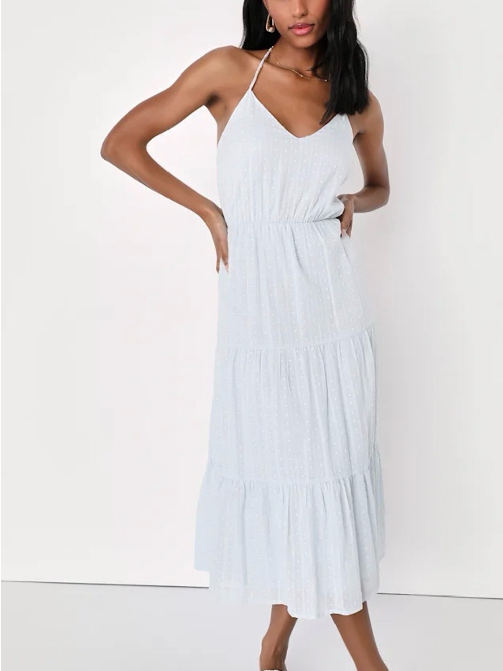 Lulus Sunny Reverie Light Blue Swiss Dot Lurex Halter Midi Dress S